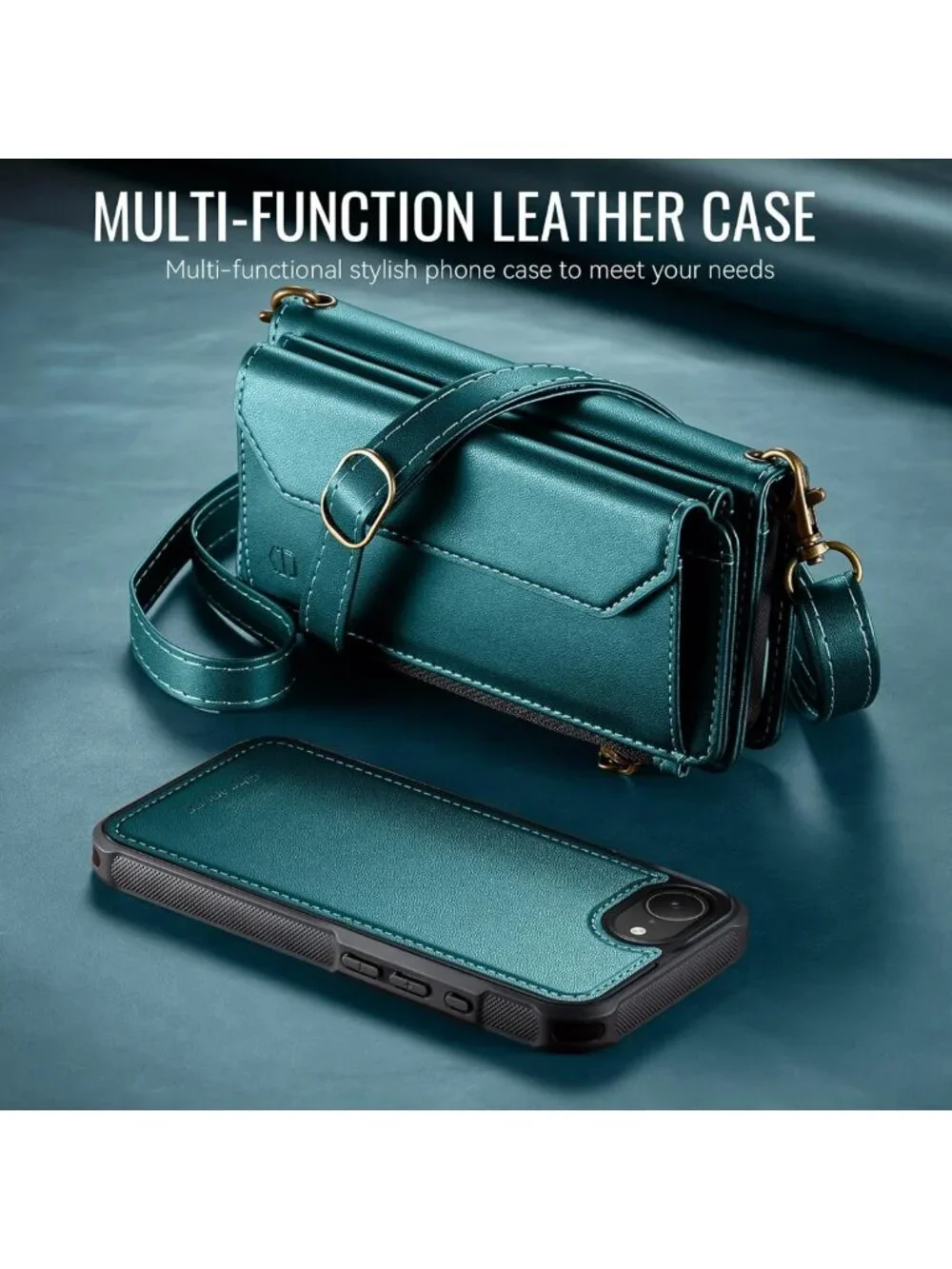 Magnetic Wallet Phone Case for iPhone 17e/16e - Stylish Blue Green Strap Case